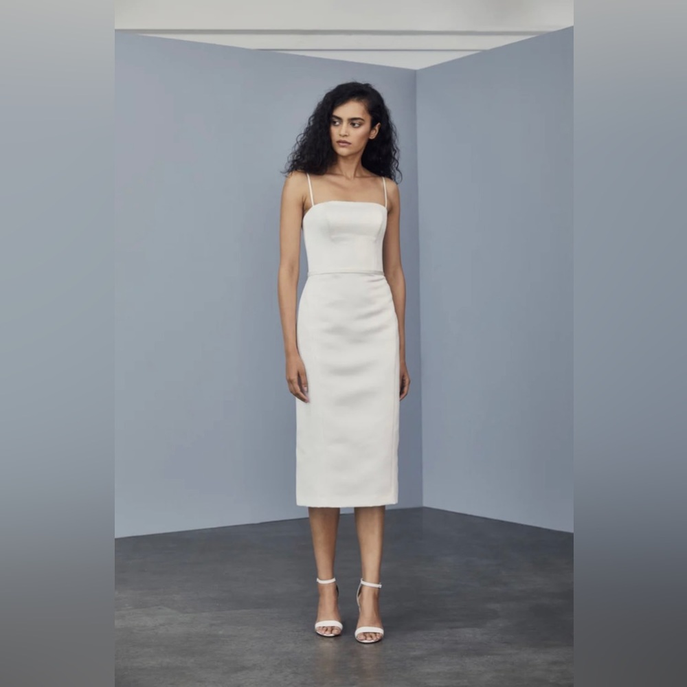 NWT Amsale Duchess Satin Sheath Dress; midi bridal dress, size 4 and 6 available